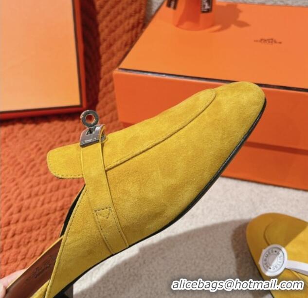 Pretty Style Hermes Oz Flat Mules in Suede Yellow 0104032