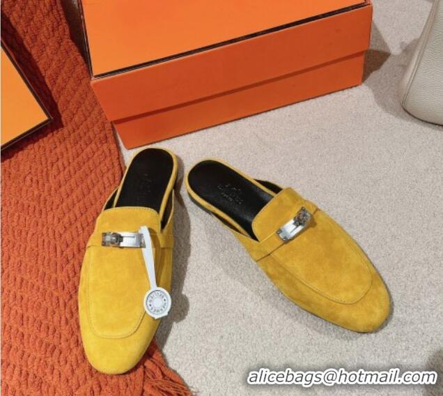 Pretty Style Hermes Oz Flat Mules in Suede Yellow 0104032