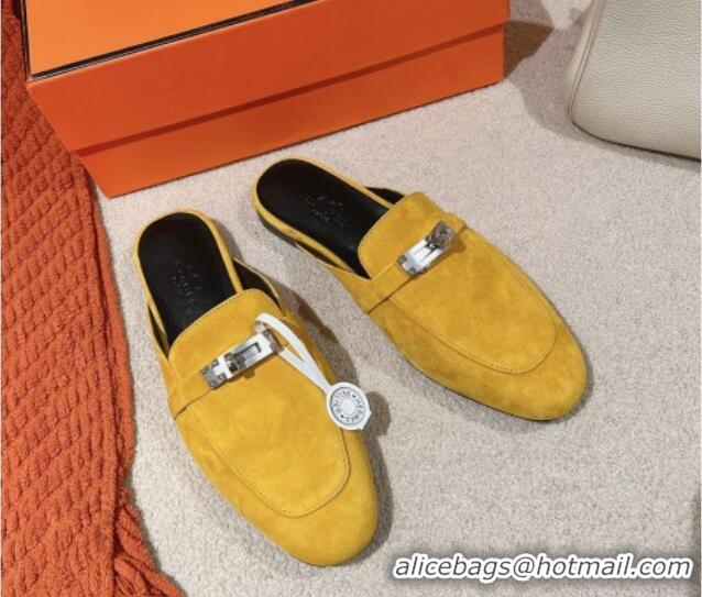 Pretty Style Hermes Oz Flat Mules in Suede Yellow 0104032