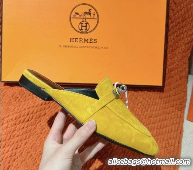 Pretty Style Hermes Oz Flat Mules in Suede Yellow 0104032