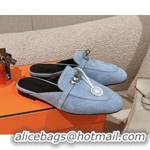 Good Looking Hermes Oz Flat Mules in Suede Light Blue 0104033