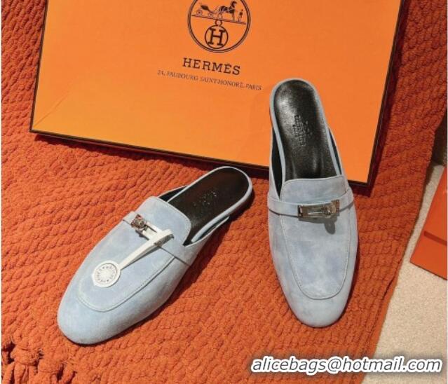 Good Looking Hermes Oz Flat Mules in Suede Light Blue 0104033