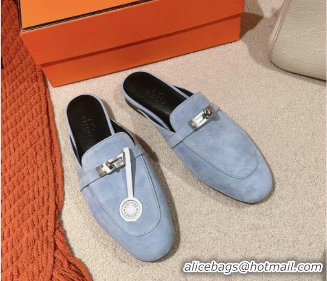 Good Looking Hermes Oz Flat Mules in Suede Light Blue 0104033