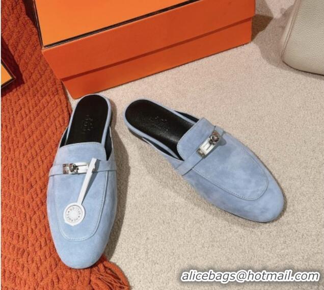 Good Looking Hermes Oz Flat Mules in Suede Light Blue 0104033