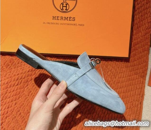 Good Looking Hermes Oz Flat Mules in Suede Light Blue 0104033