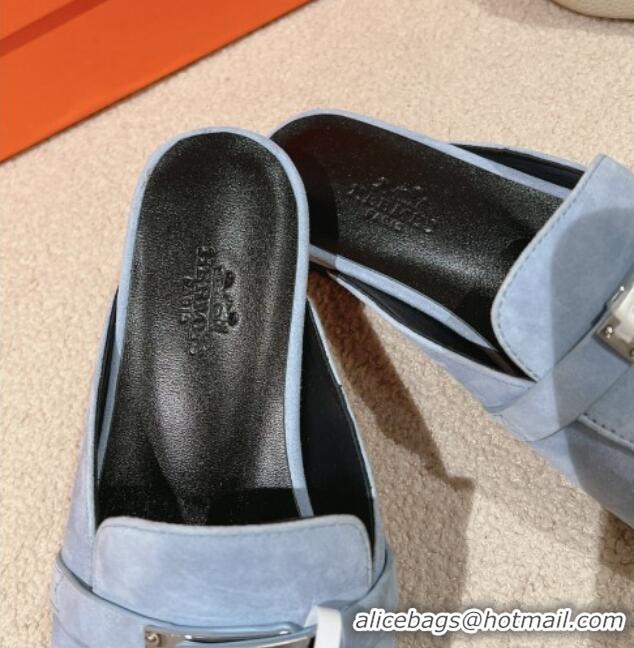 Good Looking Hermes Oz Flat Mules in Suede Light Blue 0104033