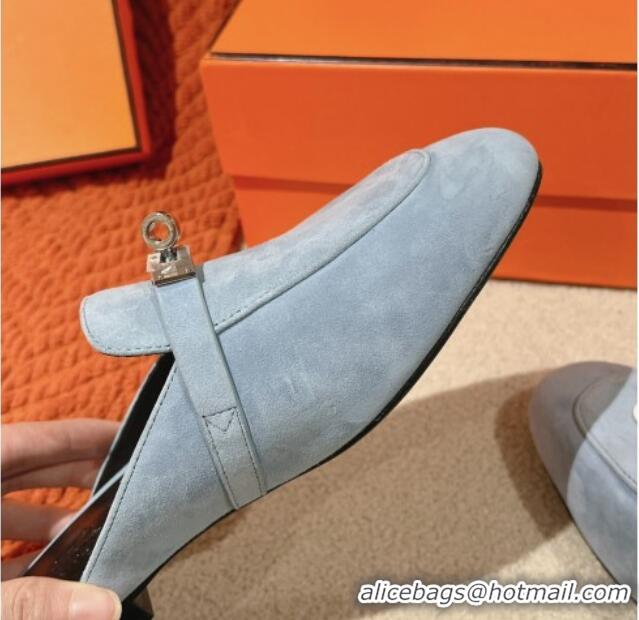 Good Looking Hermes Oz Flat Mules in Suede Light Blue 0104033