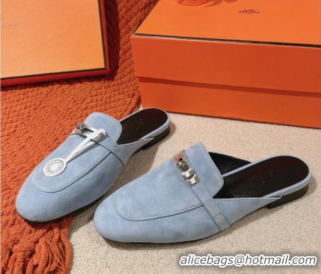 Good Looking Hermes Oz Flat Mules in Suede Light Blue 0104033