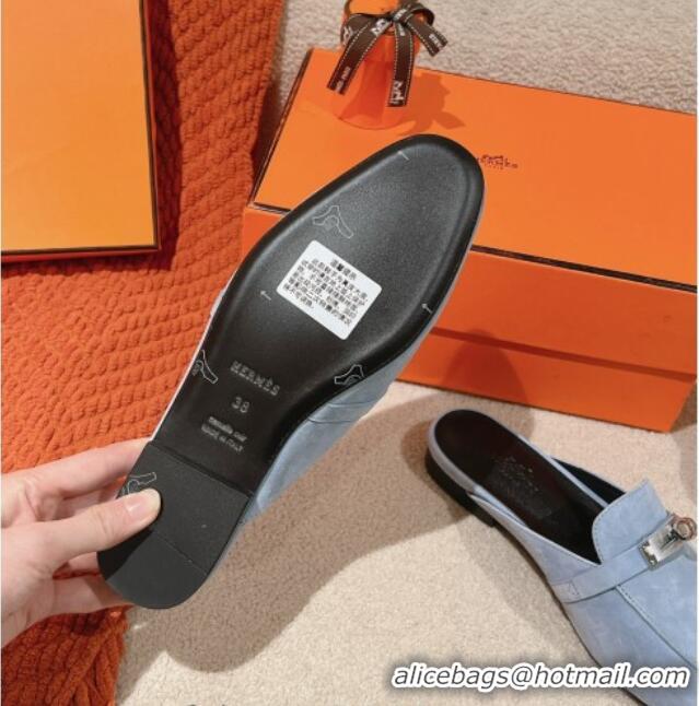 Good Looking Hermes Oz Flat Mules in Suede Light Blue 0104033