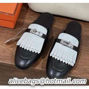 Good Product Hermes Oz Flat Mules in Calfskin with Fringe Black/White 0104035