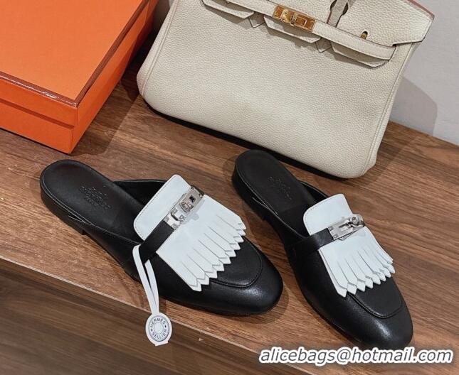 Good Product Hermes Oz Flat Mules in Calfskin with Fringe Black/White 0104035