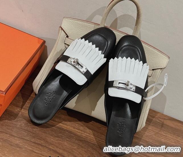 Good Product Hermes Oz Flat Mules in Calfskin with Fringe Black/White 0104035