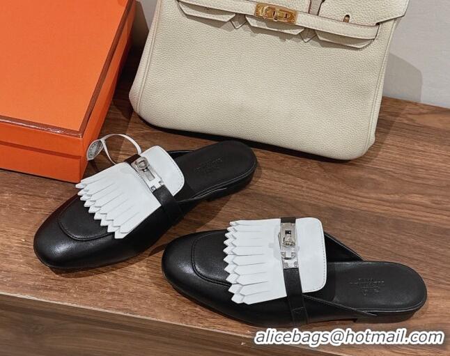 Good Product Hermes Oz Flat Mules in Calfskin with Fringe Black/White 0104035