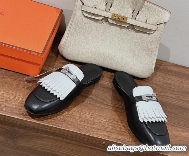 Good Product Hermes Oz Flat Mules in Calfskin with Fringe Black/White 0104035