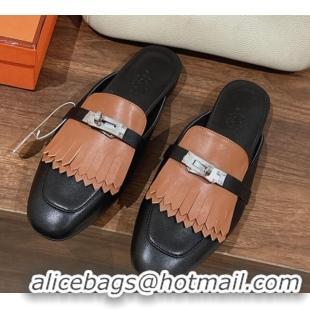 Shop Duplicate Hermes Oz Flat Mules in Calfskin with Fringe Black/Brown 0104036