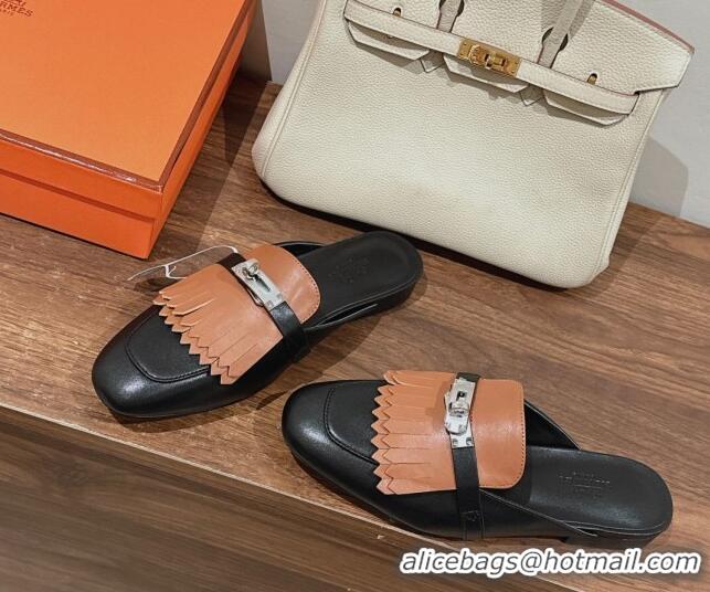 Shop Duplicate Hermes Oz Flat Mules in Calfskin with Fringe Black/Brown 0104036