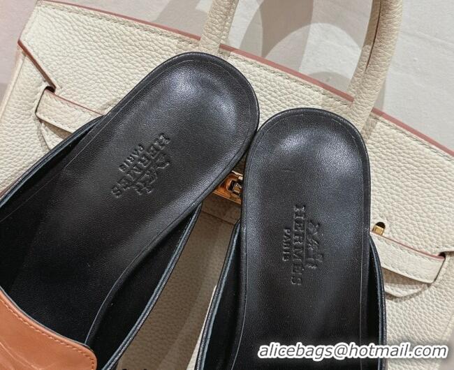 Shop Duplicate Hermes Oz Flat Mules in Calfskin with Fringe Black/Brown 0104036