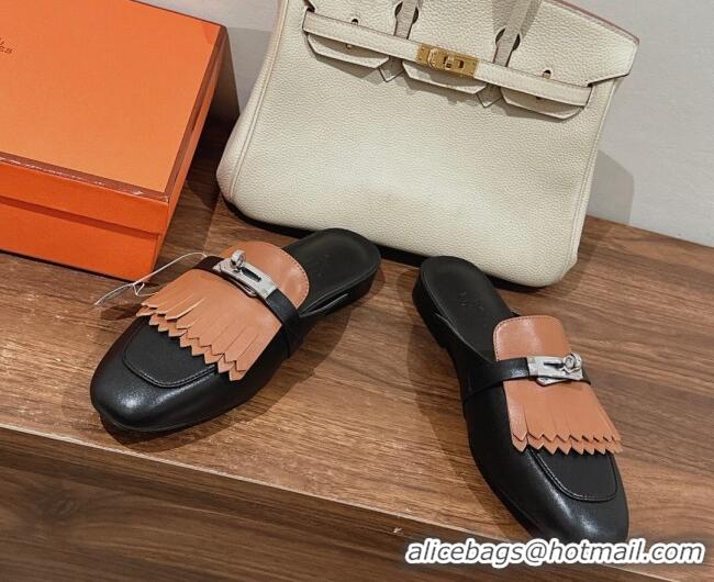 Shop Duplicate Hermes Oz Flat Mules in Calfskin with Fringe Black/Brown 0104036