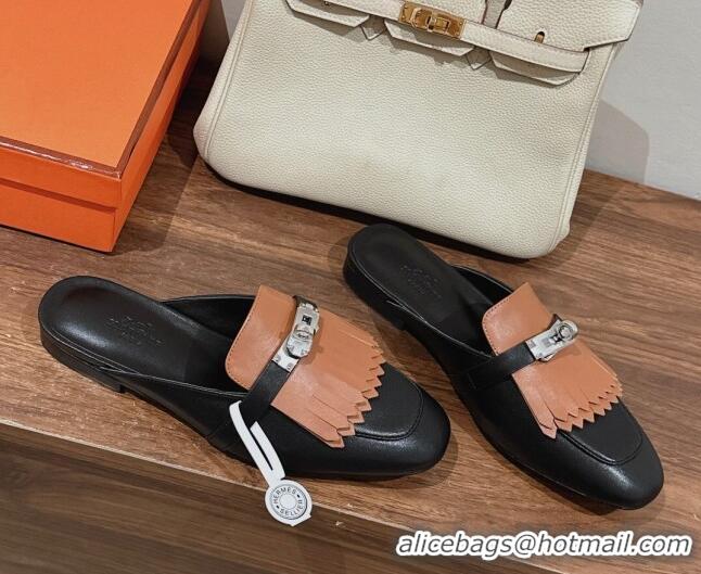 Shop Duplicate Hermes Oz Flat Mules in Calfskin with Fringe Black/Brown 0104036