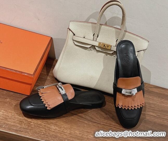 Shop Duplicate Hermes Oz Flat Mules in Calfskin with Fringe Black/Brown 0104036