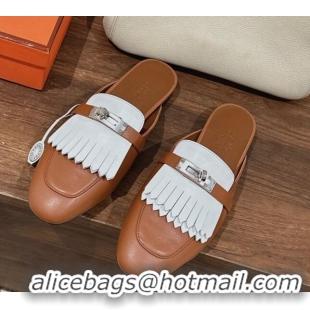 Best Product Hermes Oz Flat Mules in Calfskin with Fringe Brown/White 0104037