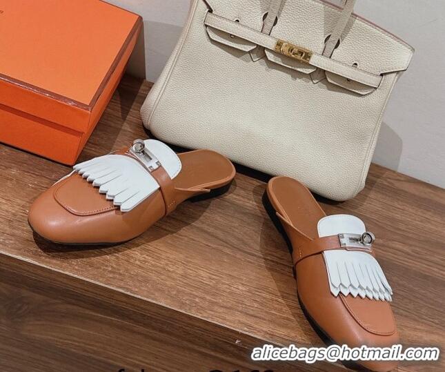 Best Product Hermes Oz Flat Mules in Calfskin with Fringe Brown/White 0104037