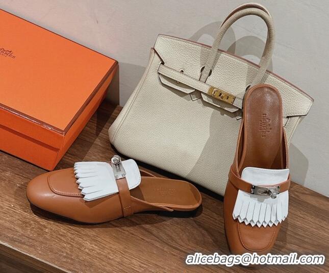 Best Product Hermes Oz Flat Mules in Calfskin with Fringe Brown/White 0104037