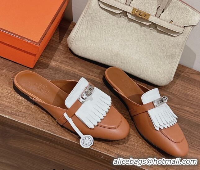 Best Product Hermes Oz Flat Mules in Calfskin with Fringe Brown/White 0104037