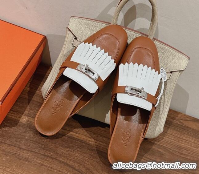 Best Product Hermes Oz Flat Mules in Calfskin with Fringe Brown/White 0104037