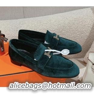 Top Design Hermes Paris Loafers in Velvet Dark Green 0104040