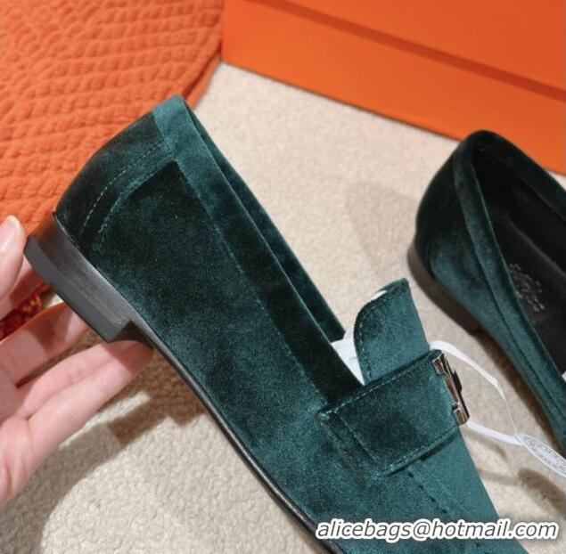 Top Design Hermes Paris Loafers in Velvet Dark Green 0104040