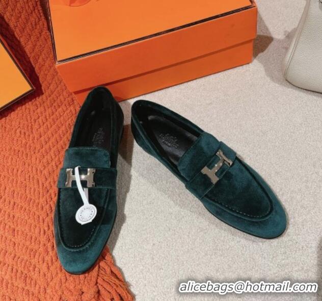 Top Design Hermes Paris Loafers in Velvet Dark Green 0104040