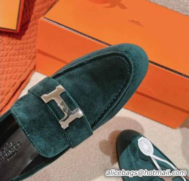 Top Design Hermes Paris Loafers in Velvet Dark Green 0104040