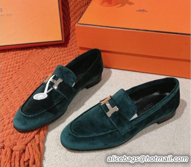 Top Design Hermes Paris Loafers in Velvet Dark Green 0104040