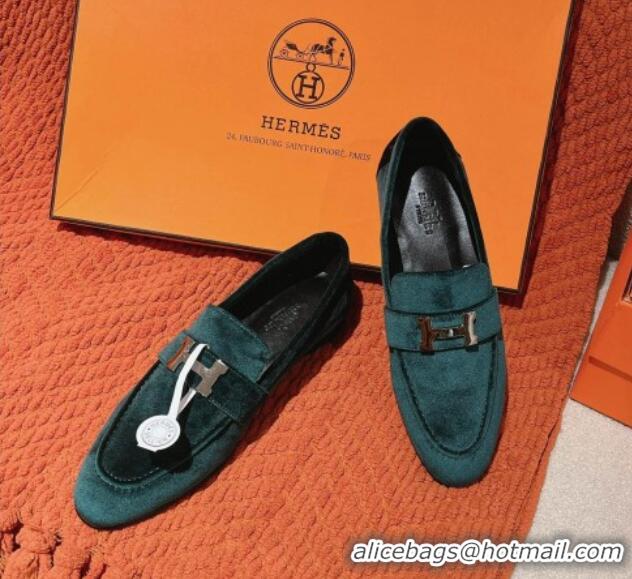 Top Design Hermes Paris Loafers in Velvet Dark Green 0104040