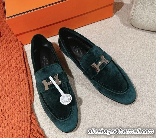 Top Design Hermes Paris Loafers in Velvet Dark Green 0104040