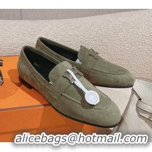 Pretty Style Hermes Paris Loafers in Suede Green 0104044