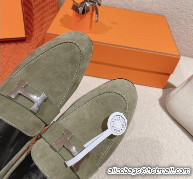 Pretty Style Hermes Paris Loafers in Suede Green 0104044