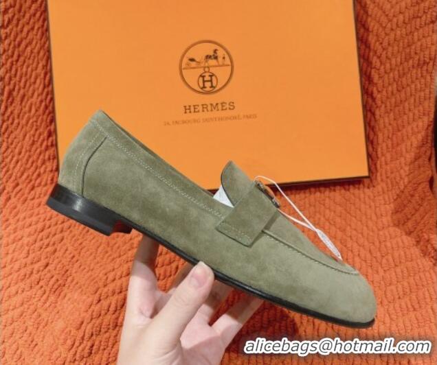 Pretty Style Hermes Paris Loafers in Suede Green 0104044