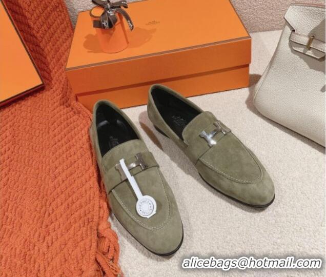 Pretty Style Hermes Paris Loafers in Suede Green 0104044