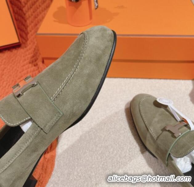 Pretty Style Hermes Paris Loafers in Suede Green 0104044