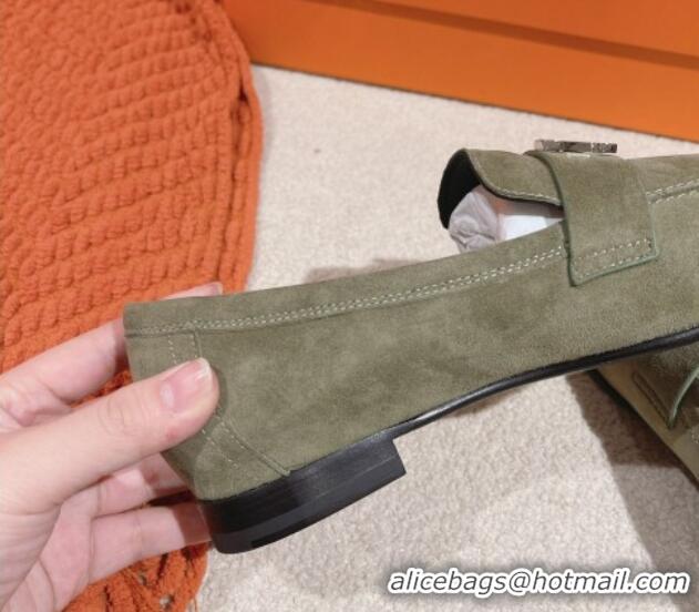 Pretty Style Hermes Paris Loafers in Suede Green 0104044