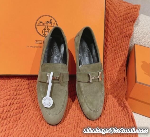 Pretty Style Hermes Paris Loafers in Suede Green 0104044