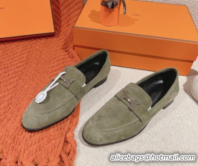 Pretty Style Hermes Paris Loafers in Suede Green 0104044