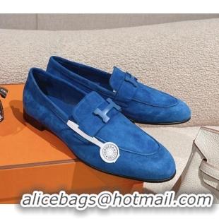 Unique Style Hermes Paris Loafers in Suede Blue 0104047