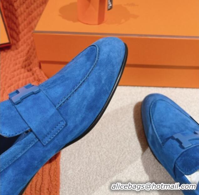 Unique Style Hermes Paris Loafers in Suede Blue 0104047