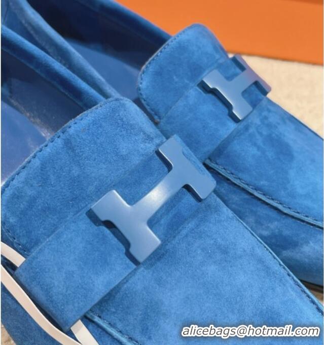 Unique Style Hermes Paris Loafers in Suede Blue 0104047