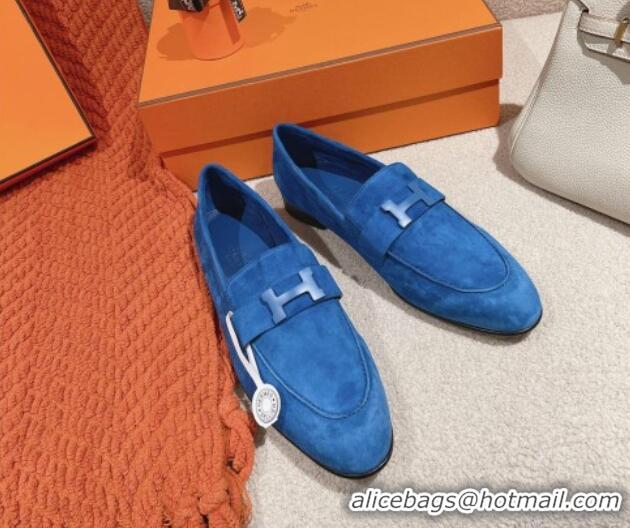 Unique Style Hermes Paris Loafers in Suede Blue 0104047