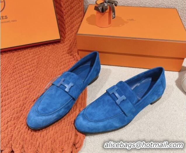 Unique Style Hermes Paris Loafers in Suede Blue 0104047