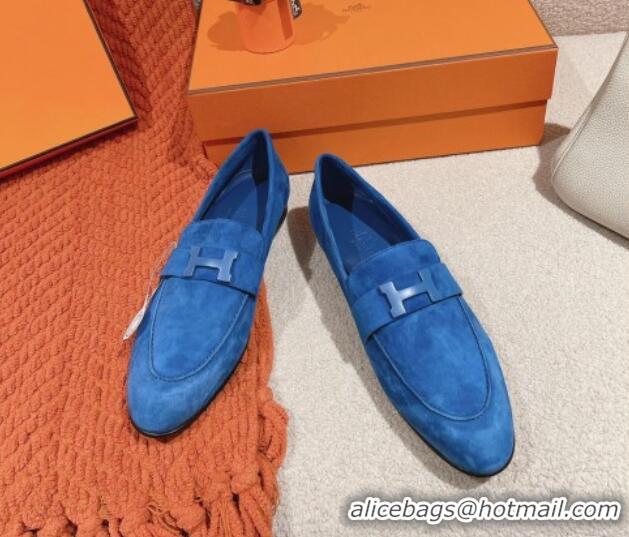 Unique Style Hermes Paris Loafers in Suede Blue 0104047